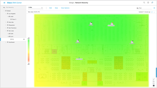 Network Hierarchy page showing the heat map displayed after APs are positioned