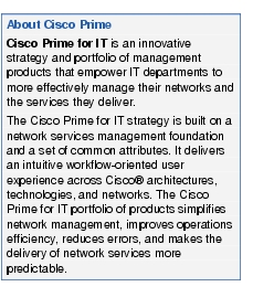 Text Box: About Cisco PrimeCisco Prime for IT is an innovative strategy and portfolio of management products that empower IT departments to more effectively manage their networks and the services they deliver.The Cisco Prime for IT strategy is built on a network services management foundation and a set of common attributes. It delivers an intuitive workflow-oriented user experience across Cisco® architectures, technologies, and networks. The Cisco Prime for IT portfolio of products simplifies network management, improves operations efficiency, reduces errors, and makes the delivery of network services more predictable.