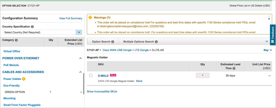 CCW WAN USB Dongle and WAN Dongle Accessory Ordering Screenshot for C1101-4PLTEP