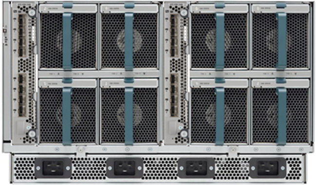 Rear of Cisco UCS 5108 Blade Server Chassis with two Cisco UCS 2408 Fabric Extenders