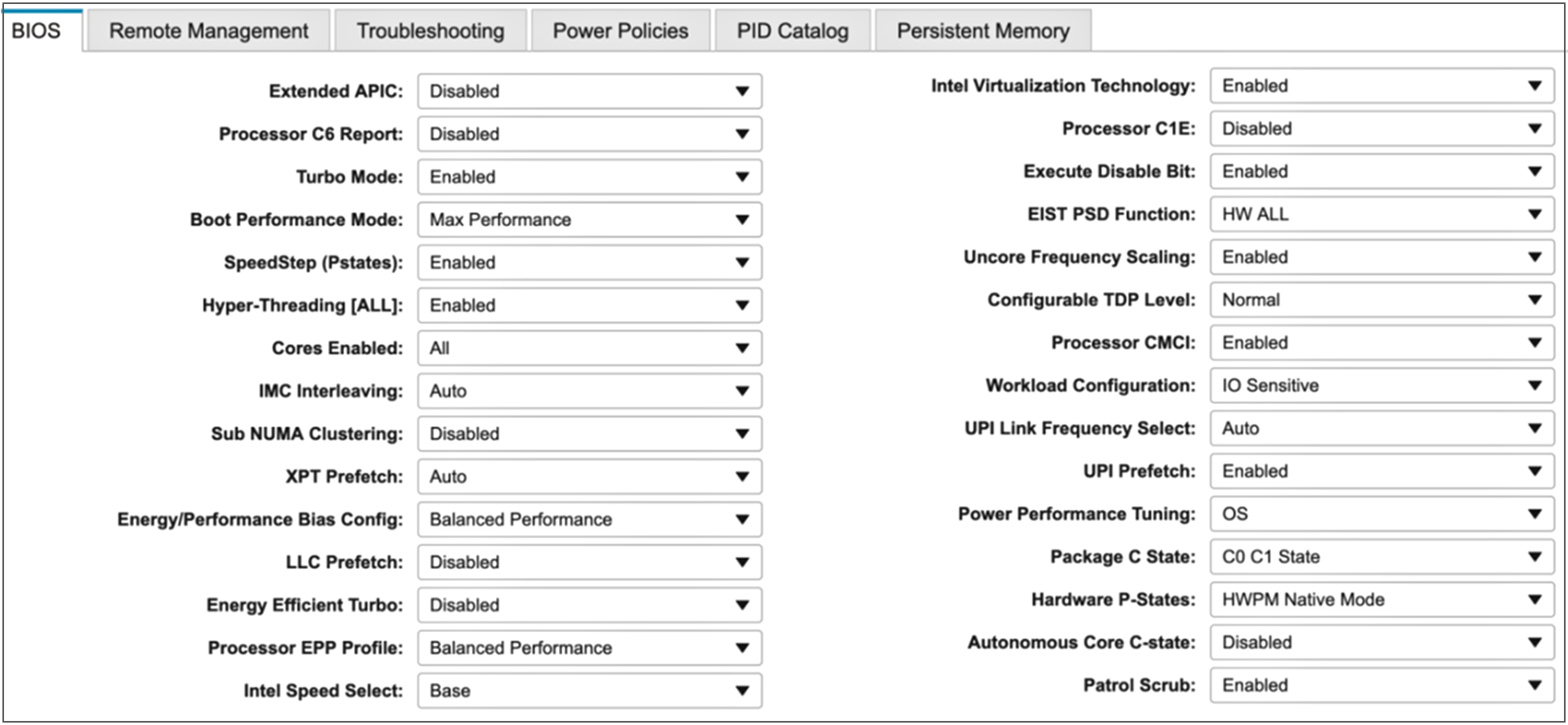 Processor settings for virtualized workloads