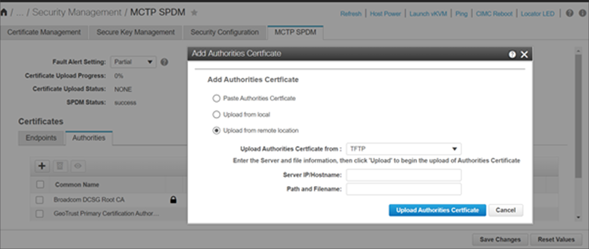 Cisco UCS SPDM root-certificate-upload webUI screen