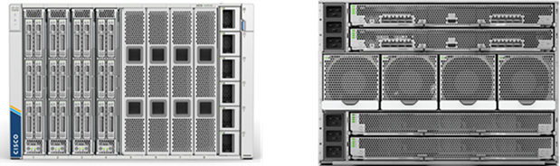 Cisco UCS 9508 X-Series Chassis, front (left) and back (right)