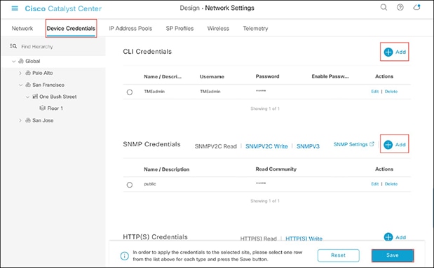 Adding device credentials to the network settings