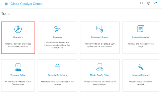 Location of Discovery button on the Cisco Catalyst Center homepage