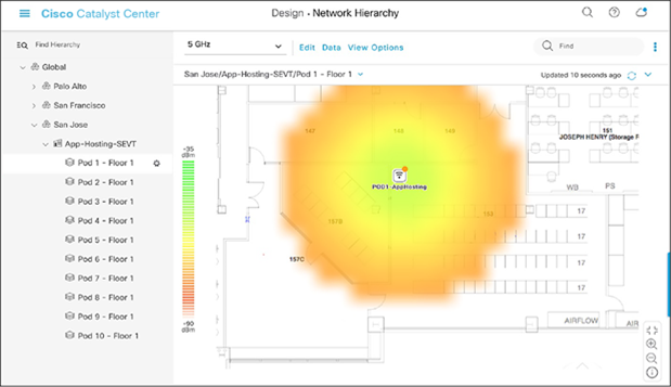 Network Hierarchy page, with heat map displayed after access points are positioned