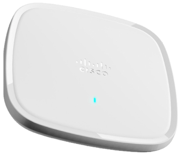 A white wireless router with a blue lightDescription automatically generated