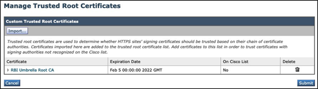 Click the Submit button to upload the certificate