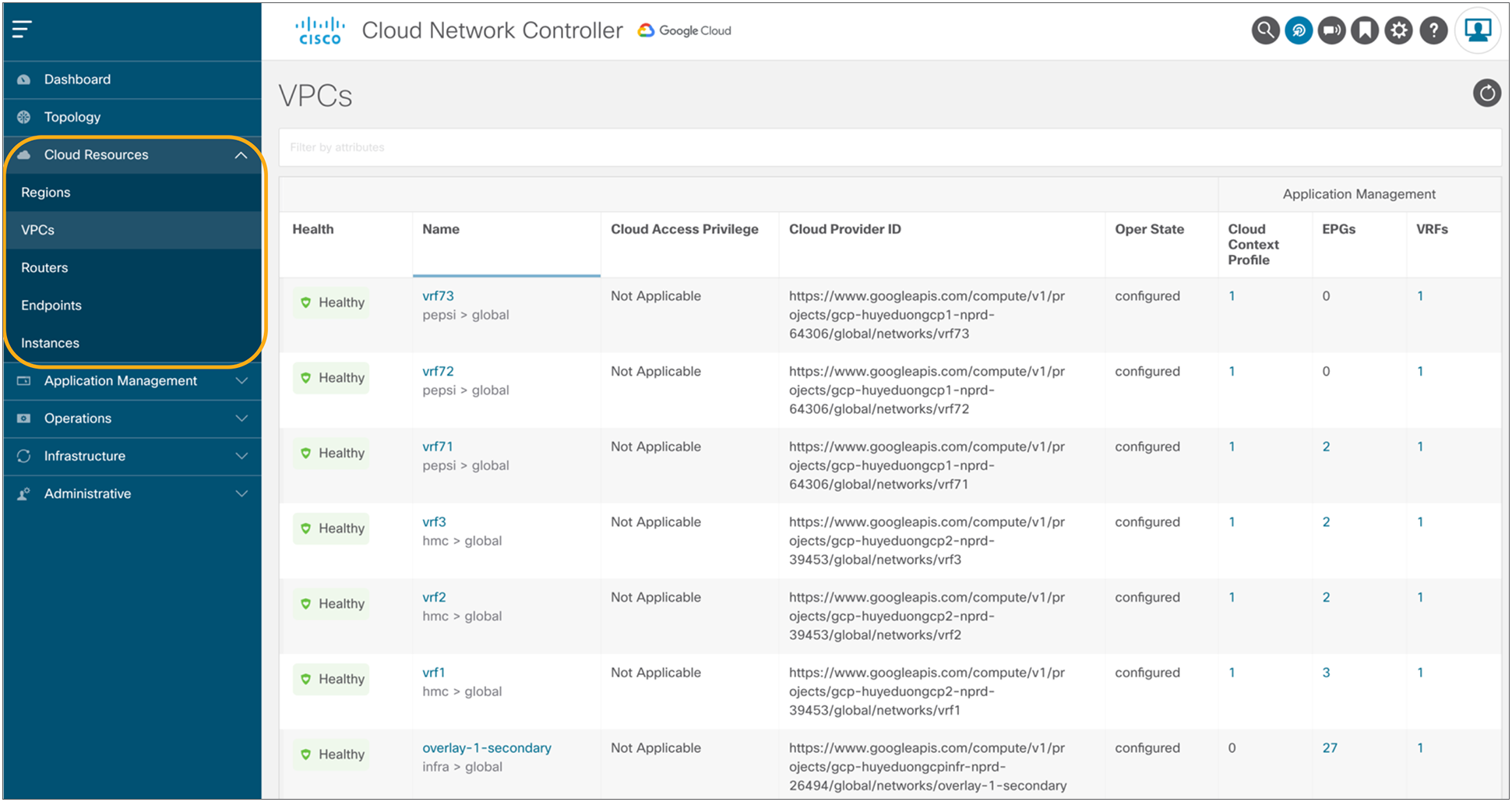 Native-cloud-resources view on the Cisco Cloud Network Controller user interface