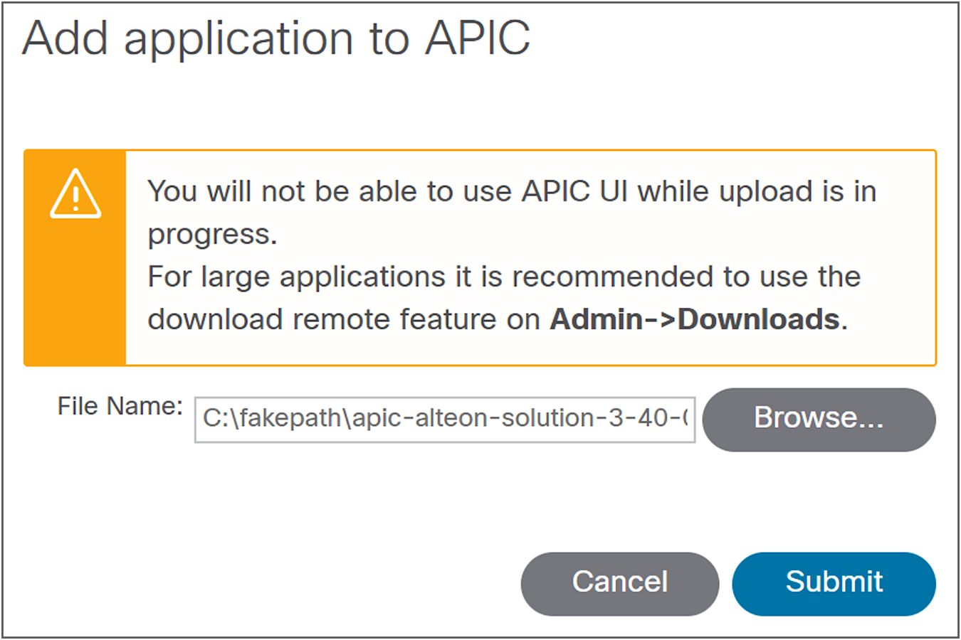Select Browse and select the ACI application package that was downloaded previously