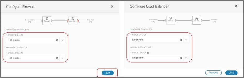 Select BDs for the consumer and provider connectors (firewall and load balancer)