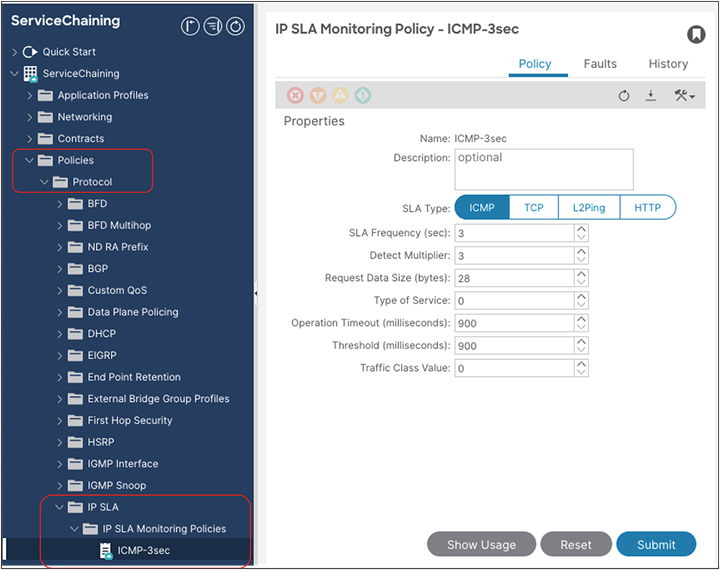 Verify the configuration on APIC (IP-SLA monitoring policy)