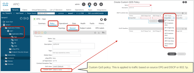 Custom QoS policy configuration at EPG