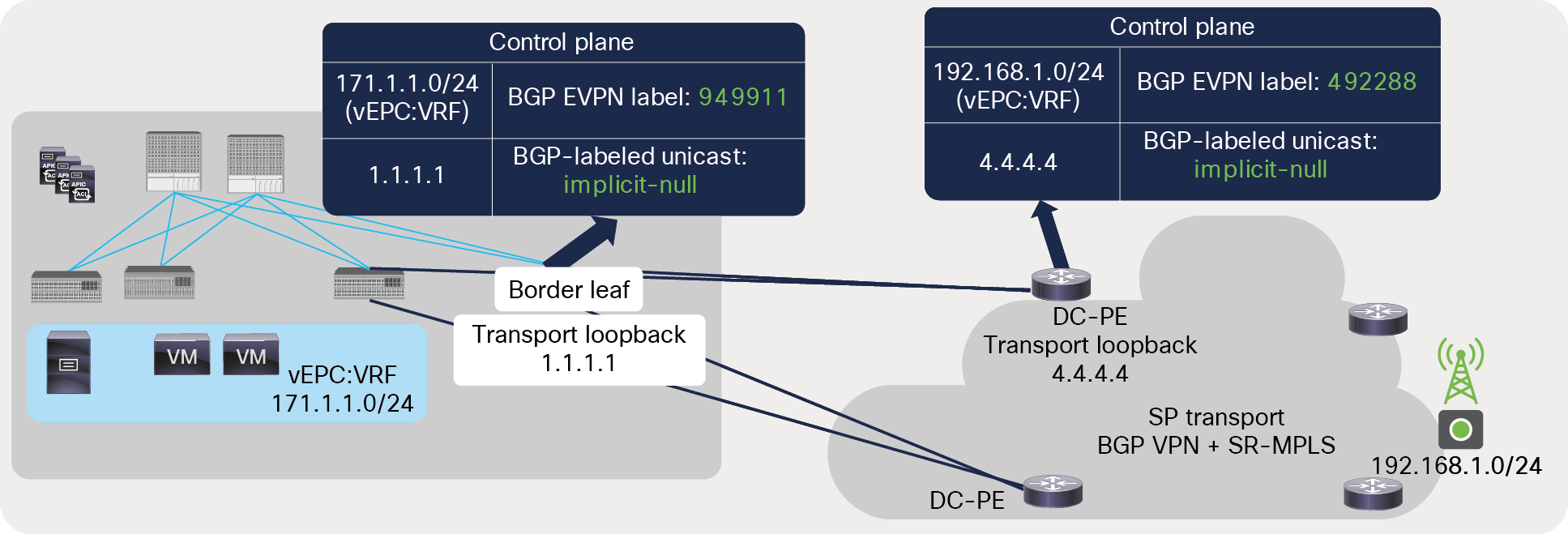 BGP label exchange between directly connected ACI border leaf and DC-PE