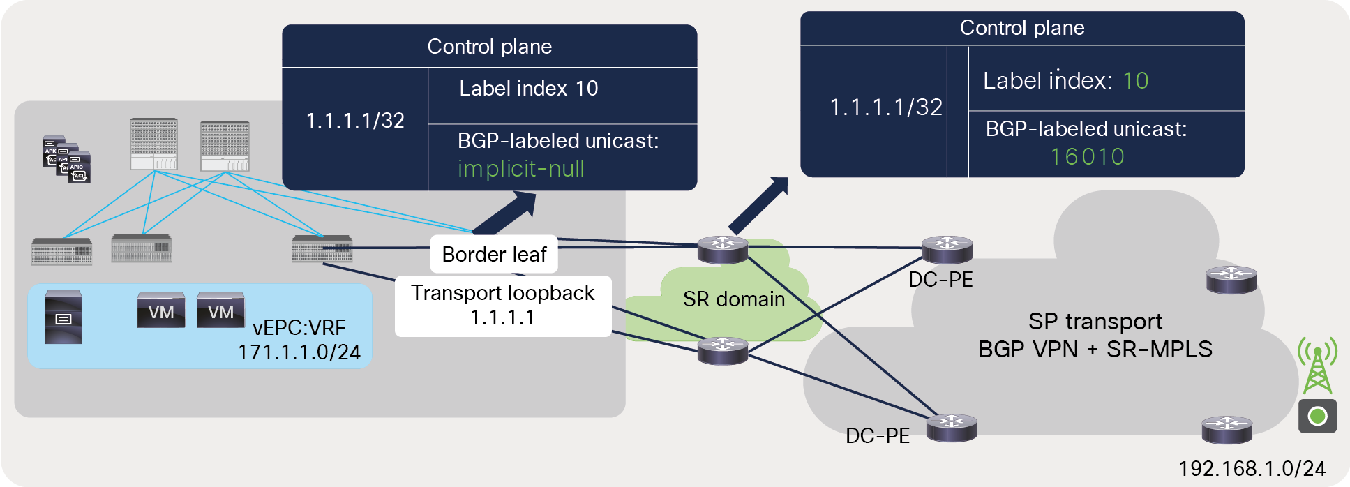 BGP-LU label advertisement from ACI border leaf to DC-PE across an SR-MPLS network
