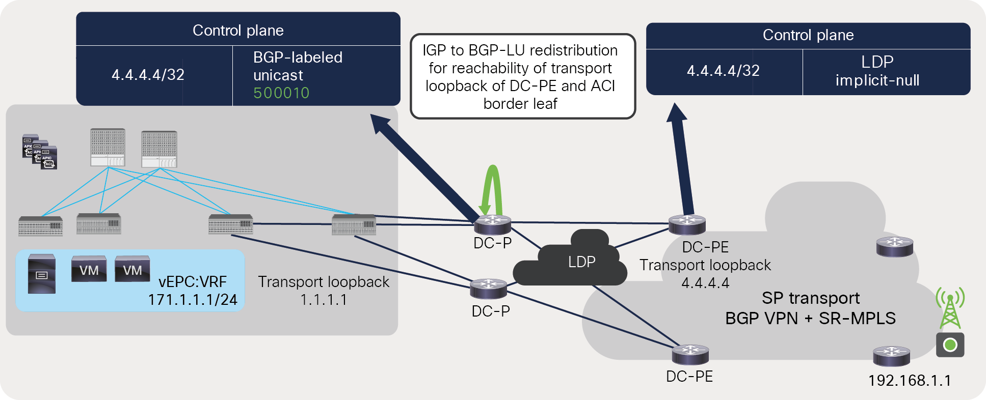 Label advertisement for DC-PE’s transport loopback across MPLS LDP network