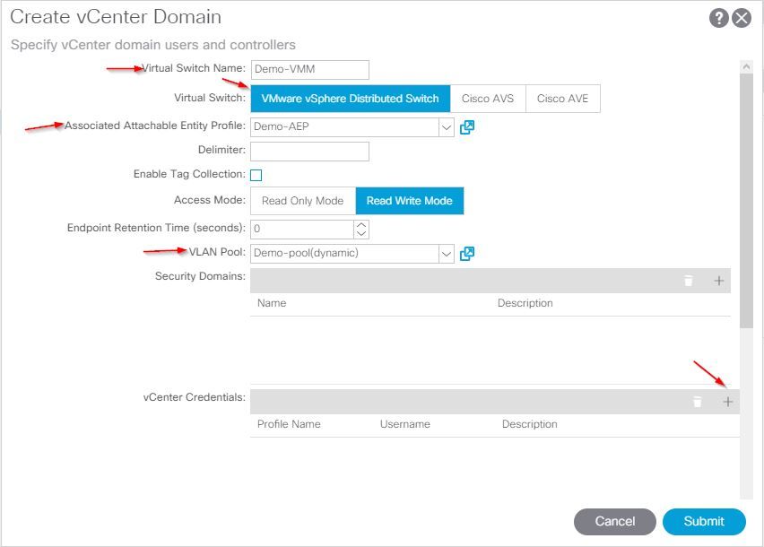 VMM domain integration with ACI and UCS B Series - Complete the Create vCenter Domain dialog box