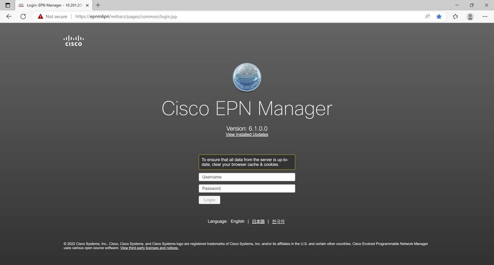 Fig 5.15 - EPNM 6.1 Standalone / Primary server login page