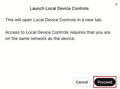 Local Device Controls pop-up in Control Hub