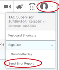 Send Error Report Link（发送错误报告链接）位于finesse桌面右上角