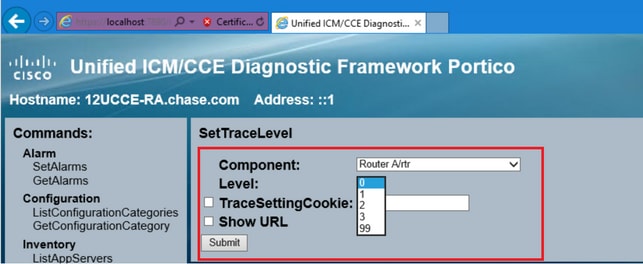 Diagnostic Framework Portico - Weergave traceerniveaus instellen