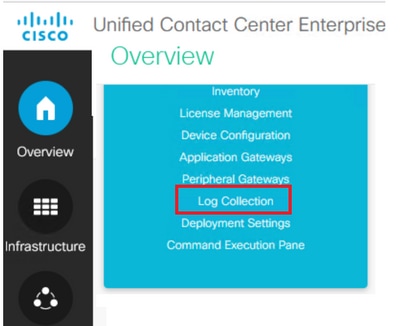Exibição da visão geral do Unified Contact Center Enterprise para selecionar a coleta de logs