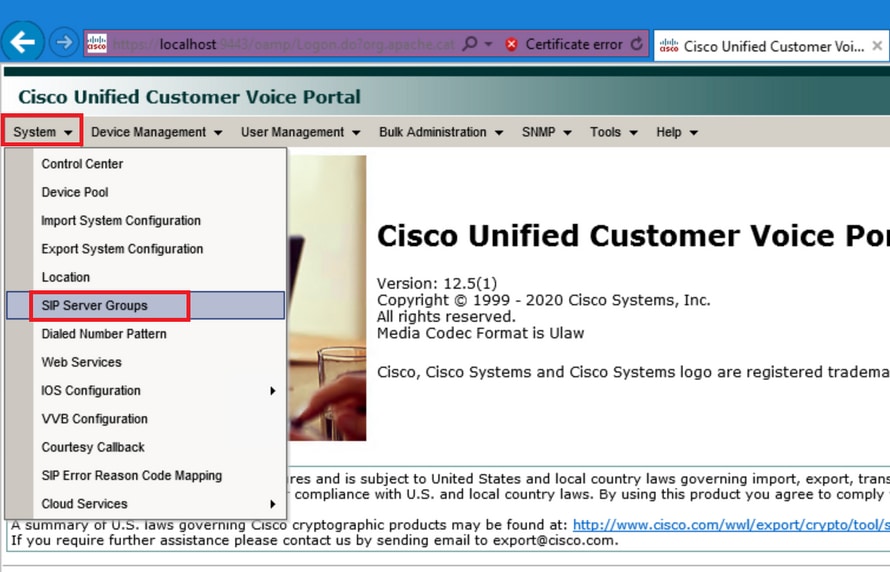 Cisco Unified Customer Voice Portal – System to SIP Server Groups