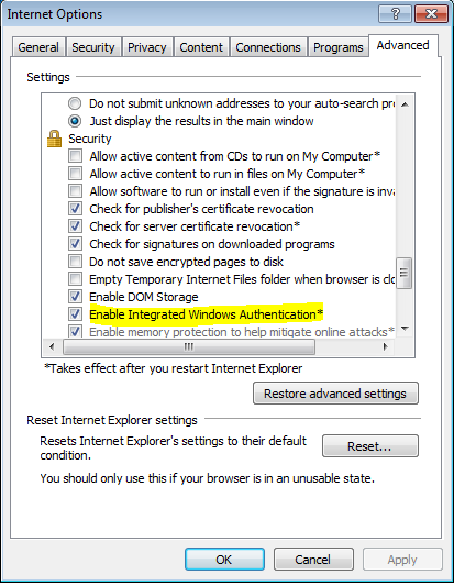 Enable Integrated Windows Authentication in Internet Explorer Advanced Settings