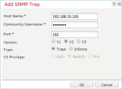 FTD SNMP - Configure FXOS SNMP v1 or v2c - Add SNMP Trap dialog box