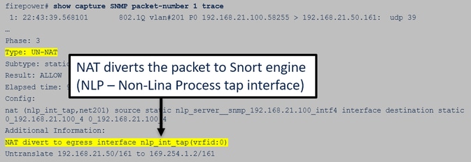 FTD SNMP - FTD data interface packet trace - not functional - NAT diverts the packet to Snort engine