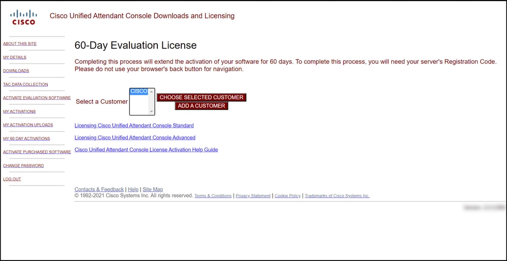 Generating a Demo or Evaluation License for CUAC - Select a Customer
