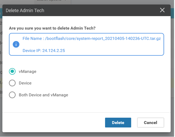 O usuário pode excluir arquivos do vManage, do dispositivo ou de ambos