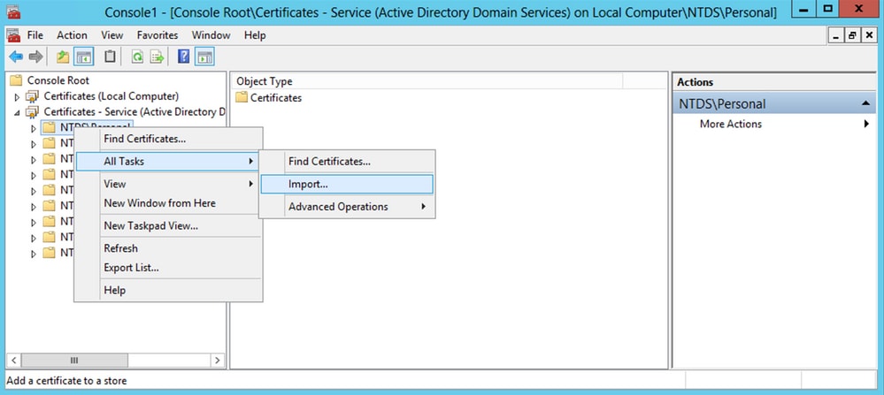 Certificate Import under NTDS\Personal