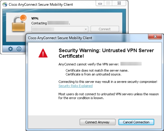 보안 경고 - 신뢰할 수 없는 VPN 서버 인증서