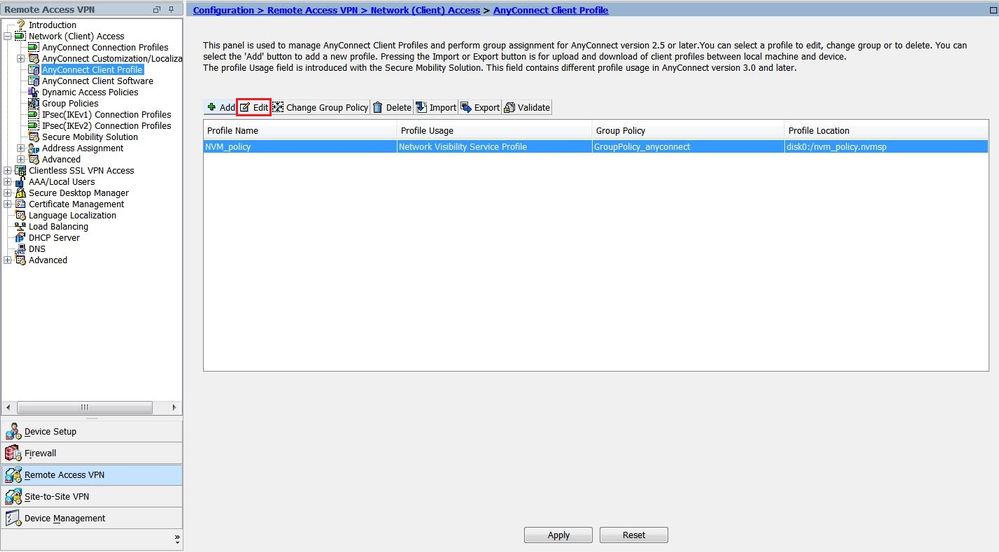 Configure NVM client profile via ASDM - Select the policy and click Edit