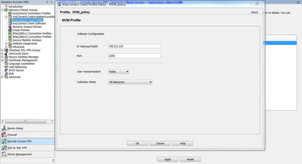 Configure NVM client profile via ASDM - Enter collector IP and port number