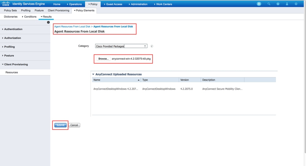 Configure web deployment on ISE - Upload the AnyConnect package file