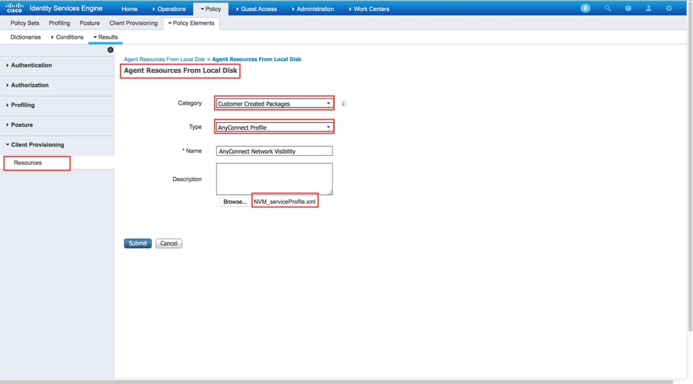Configure web deployment on ISE - Upload the NVM client profile