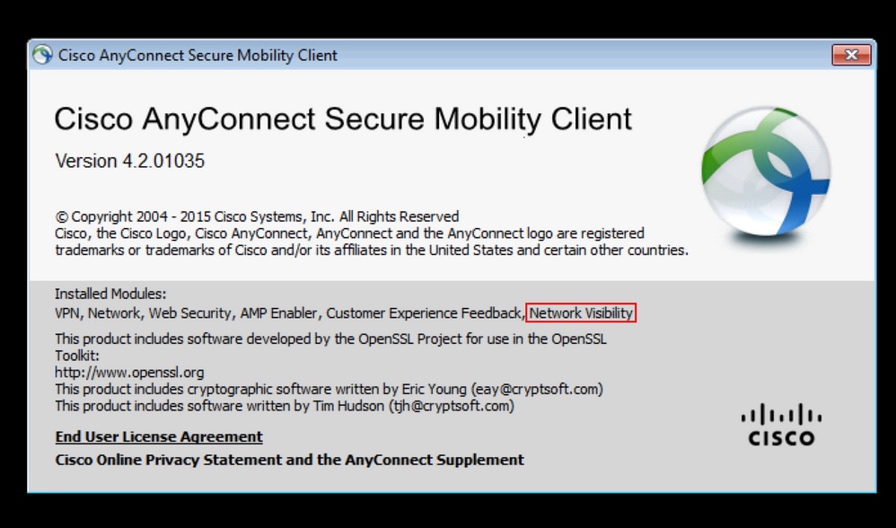 Network Visibility listed under Installed Modules on the Cisco AnyConnect Secure Mobility Client for NVM About screen