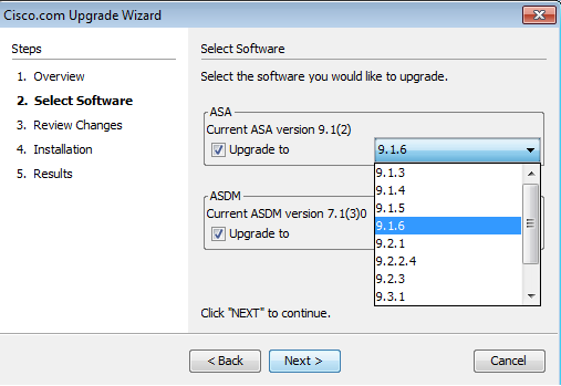 Upgrade Wizard ASA Software Selected Dialog Box
