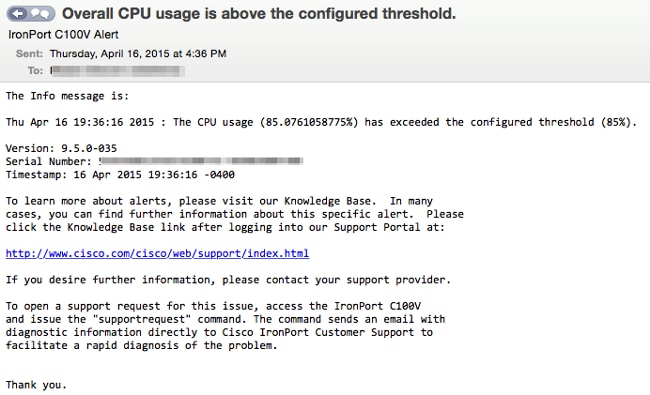 Example of the alert message that is sent when the CPU usage threshold is exceeded