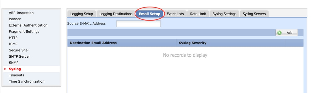 Email Setup(이메일 설정)으로 이동하여 Syslog에 대한 이메일 설정을 구성합니다.