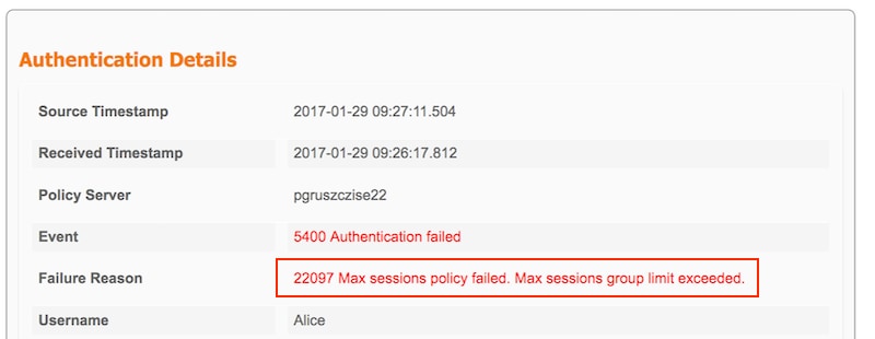 22097 Max Sessions Policy Failed. Max Sessions Group Limit Exceeded.
