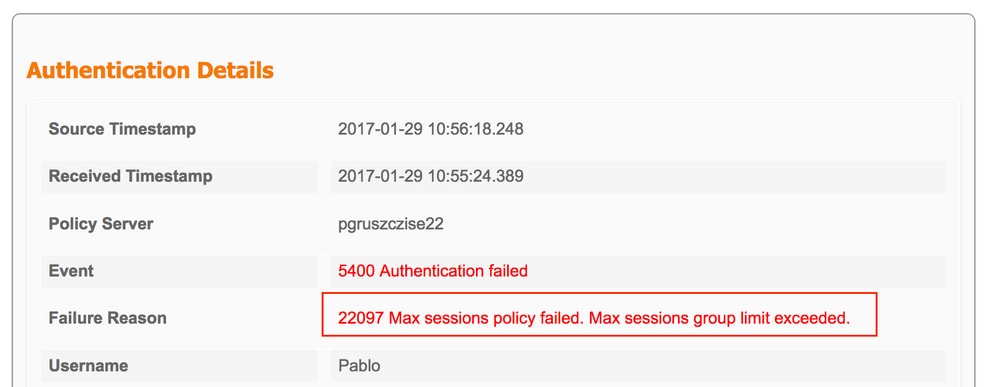 22097 Max Sessions Policy Failed, Max Sessions Group Limit Exceeded