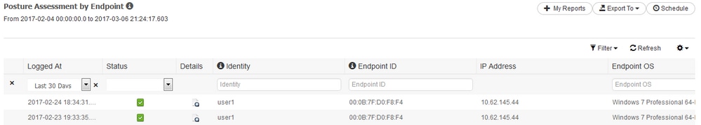Cisco ISE-posterijen - Posture Assessment by Endpoint Report