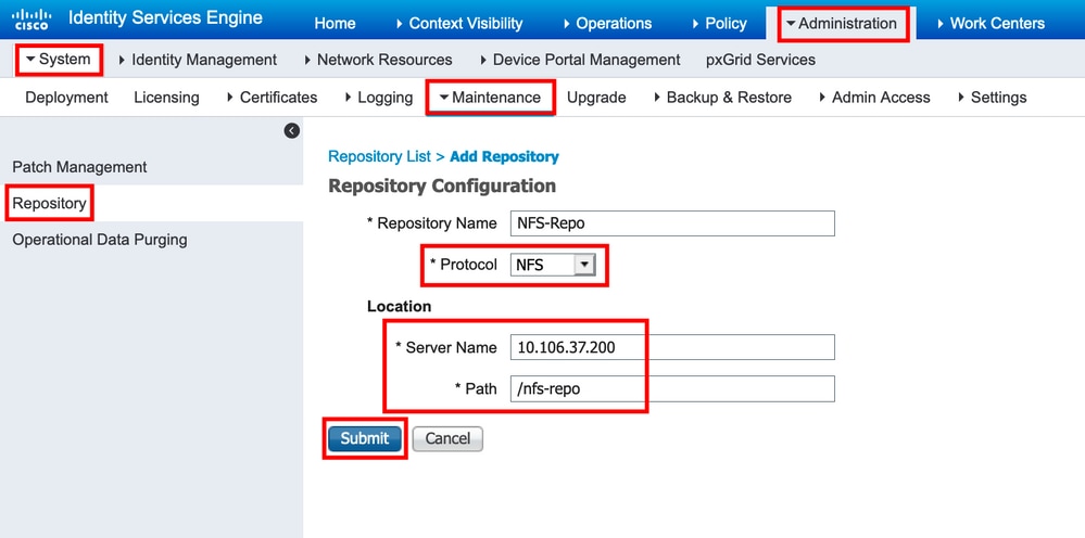 Enter configuration parameters for an NFS repository and click Submit