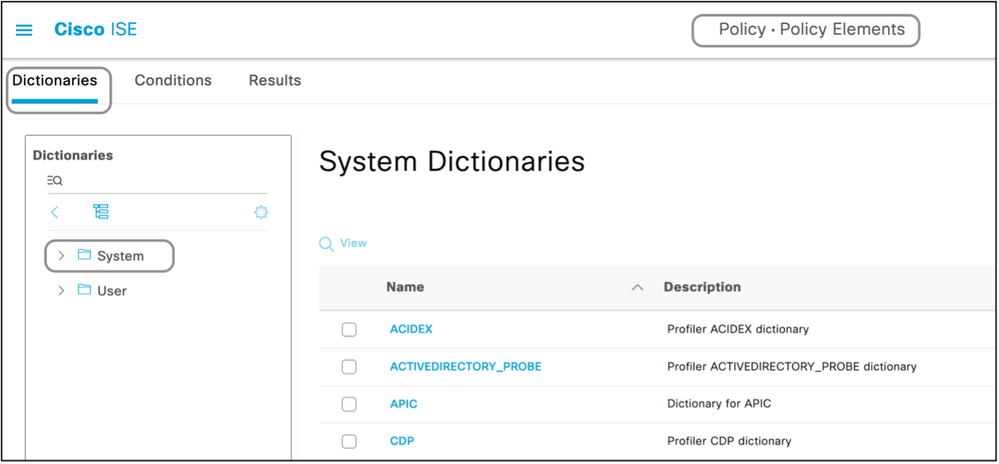 Dictionnaires système Cisco ISE