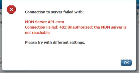 Message d'erreur d'intégration d'Intune MDM avec ISE - MDM Server API