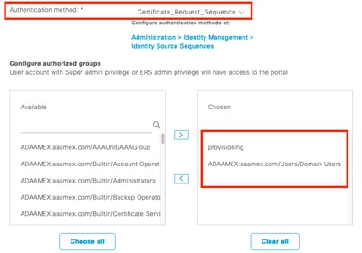 Authentication method and authorized groups in portal settings