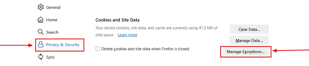 Mozilla Firefox - Manage Exceptions